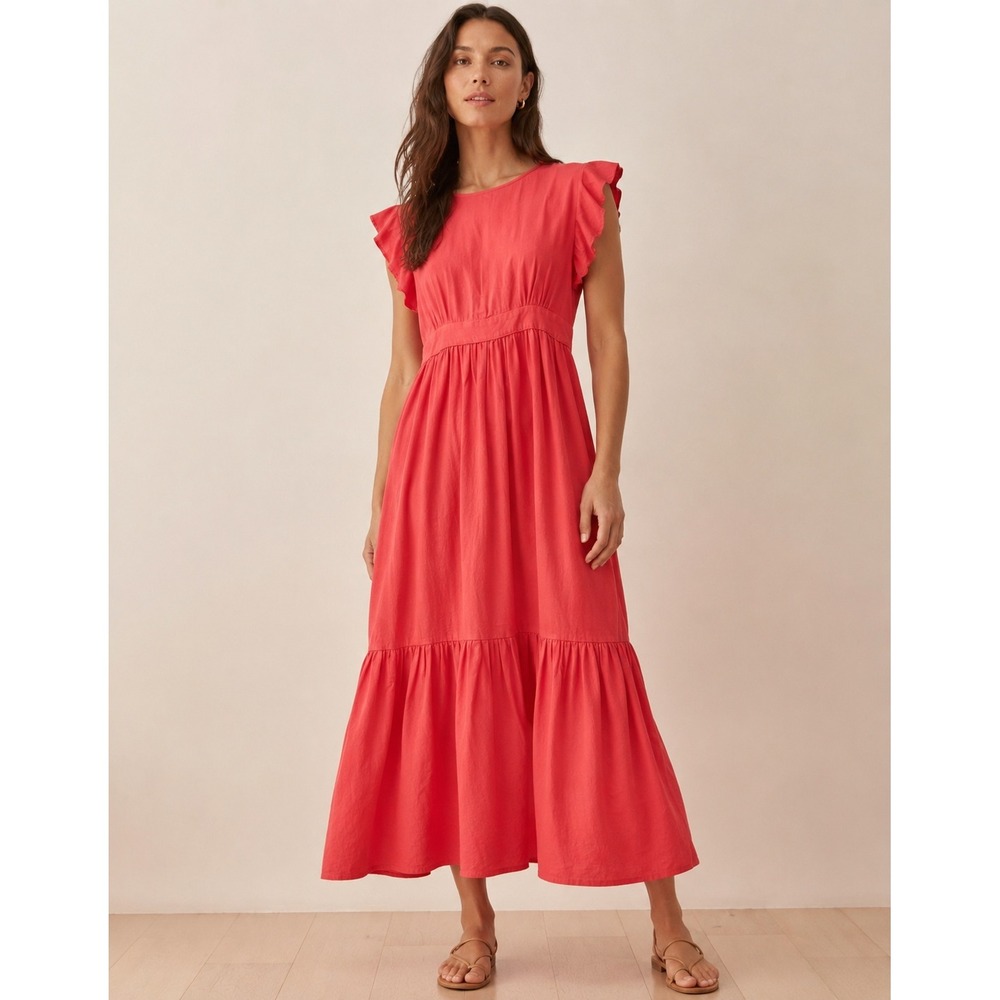 Cynthia Rowley Coral Pink Linen Blend Ruffle Maxi Dress Womens Lg Tiered Skirt